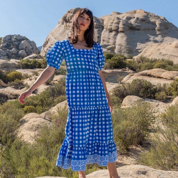SOLD SZ Blockprints Tuckernuck Divya Cotton Midi Puff Sleeve Dress Gingham Blue - Picture 2 of 14